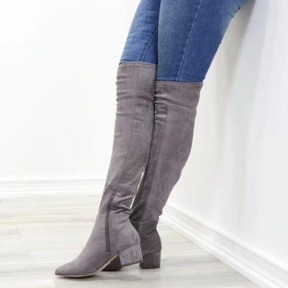 Pointy Toe Over The Knee Gray Boots Faux Suede - Picture 7 of 12